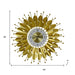 Gold leaf-patterned wall clock with measurements on a white background