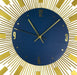 Wall clock with blue face and gold accents on a white background