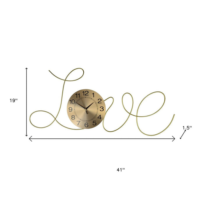 Decorative wall clock with 'LOVE' design and measurements on a white background