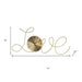 Decorative wall clock with 'LOVE' design and measurements on a white background