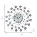 Decorative wall clock with floral design and measurements on a white background