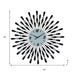 Decorative wall clock with black and silver design, shown with dimensions on a white background.