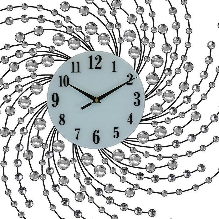 Decorative wall clock with a circular design of beads and wires on a white background