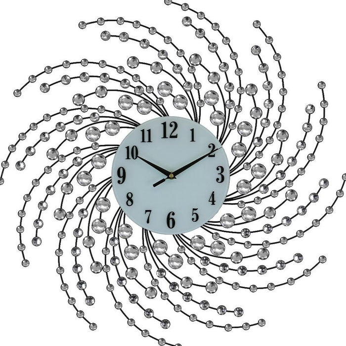 Decorative wall clock with a spiral design of beads and wires on a white background