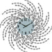 Decorative wall clock with a spiral design of beads and wires on a white background