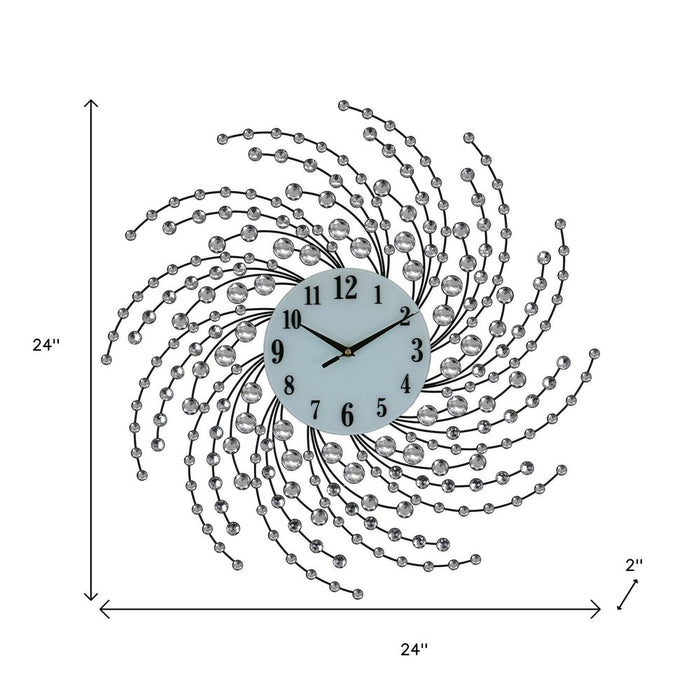 Decorative wall clock with beaded design and measurements on a white background