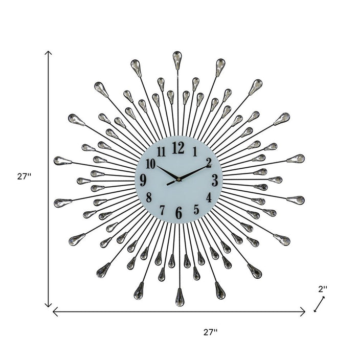Decorative wall clock with sunburst design and measurements on a white background