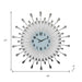 Decorative wall clock with sunburst design and measurements on a white background