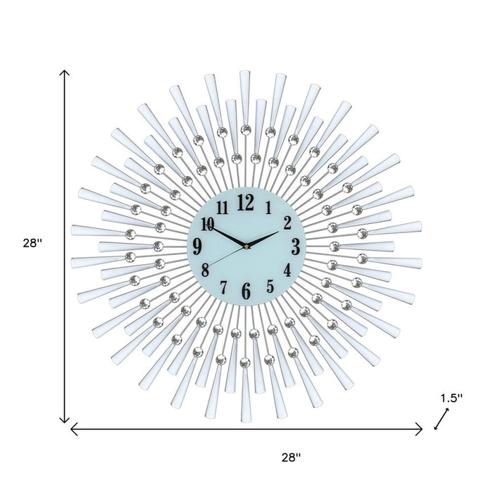 28-Inch Silver and White Mid-Century Modern Sunburst Wall Clock with Silent Movement