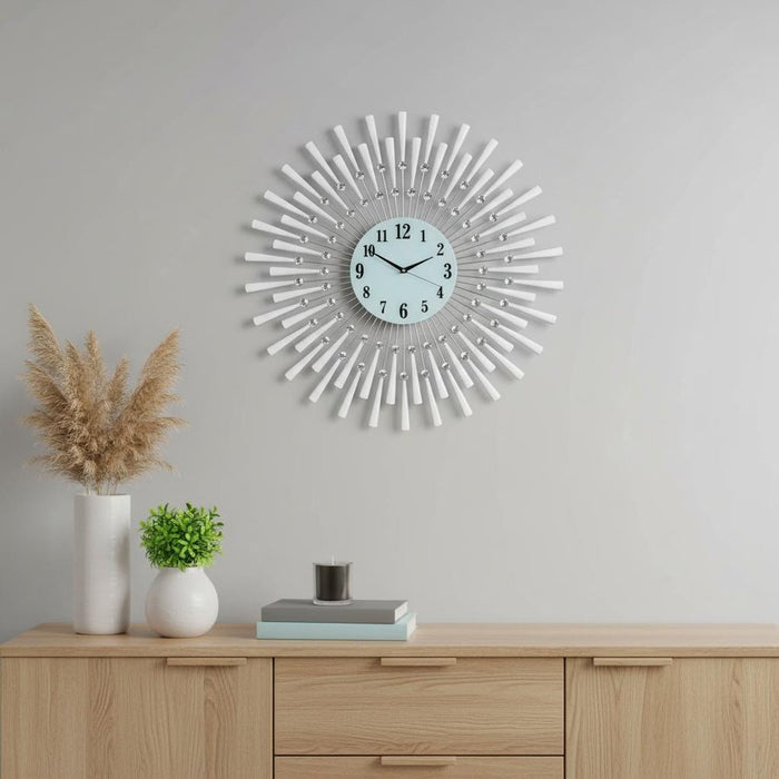 28-Inch Silver and White Mid-Century Modern Sunburst Wall Clock with Silent Movement