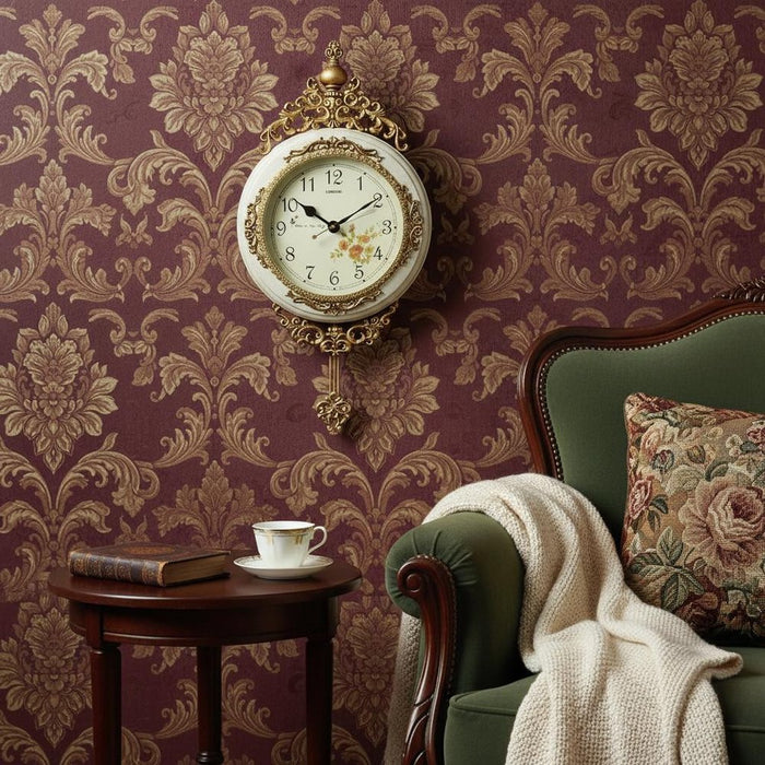 Decorative wall clock on a patterned wall with a chair and small table below.