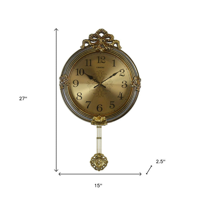 Decorative wall clock with dimensions indicated on a white background