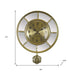 Gold wall clock with decorative pendulum, shown with dimensions on a white background