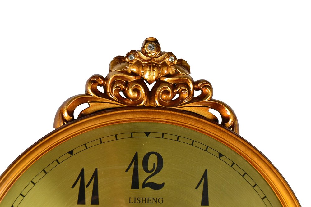 Gold clock with ornate design and 'Lisheng' branding on a white background