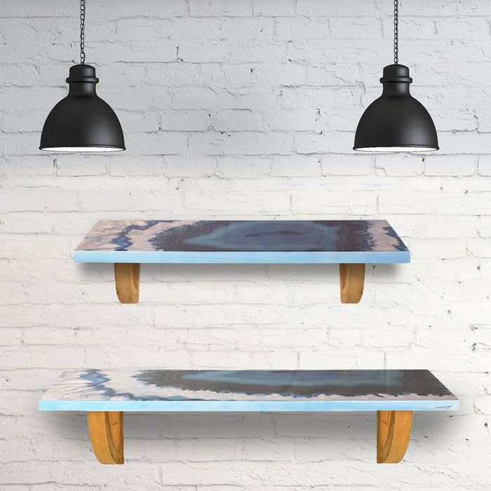 24" Blue And Natural Wood Agate Pattern Wall Mount Accent Shelf
