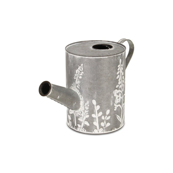 8" Gray And White Galvanized Metal Flowers Hand Painted Decorative Watering Can
