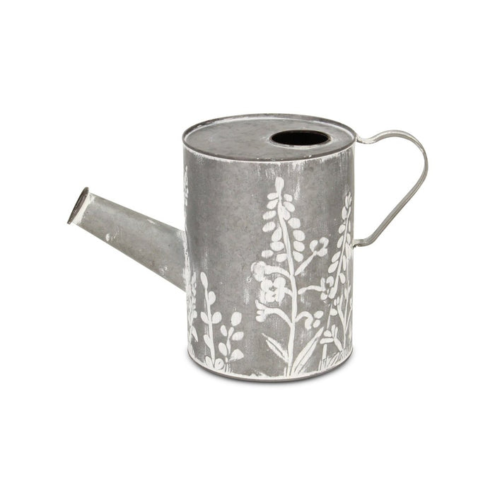 8" Gray And White Galvanized Metal Flowers Hand Painted Decorative Watering Can