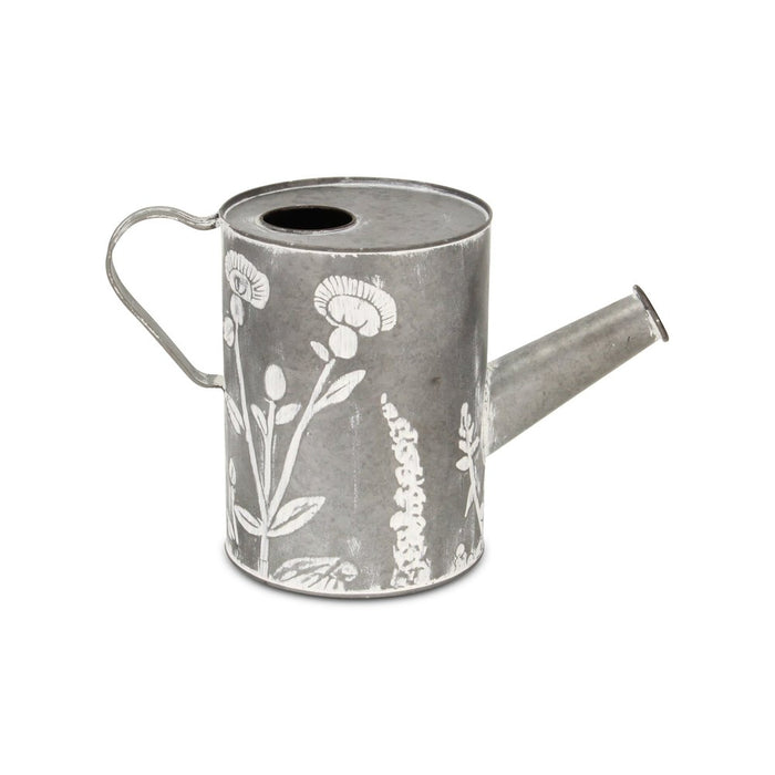 8" Gray And White Galvanized Metal Flowers Hand Painted Decorative Watering Can