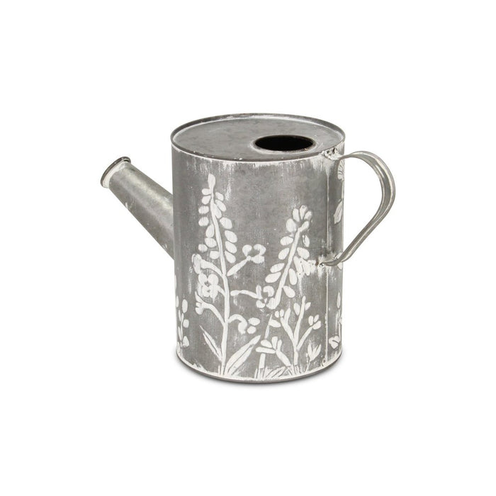8" Gray And White Galvanized Metal Flowers Hand Painted Decorative Watering Can