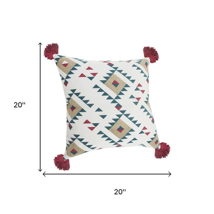 Set of Two 20" White Teal Blue Tan And Crimson Geometric Cotton Throw Pillows
