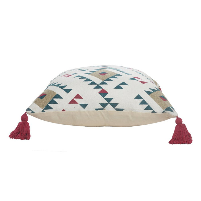 Set of Two 20" White Teal Blue Tan And Crimson Geometric Cotton Throw Pillows