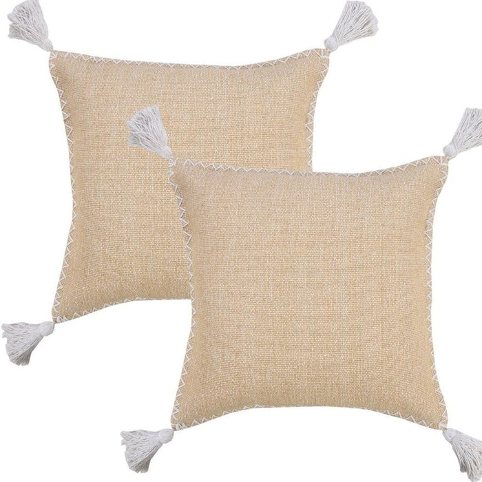 Set of Two 20" Tan And White Cotton Throw Pillows