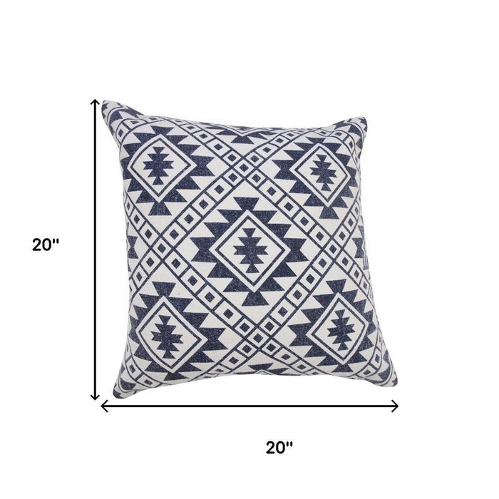 Set of Two 20" Navy Blue And Beige Geometric Cotton Throw Pillows