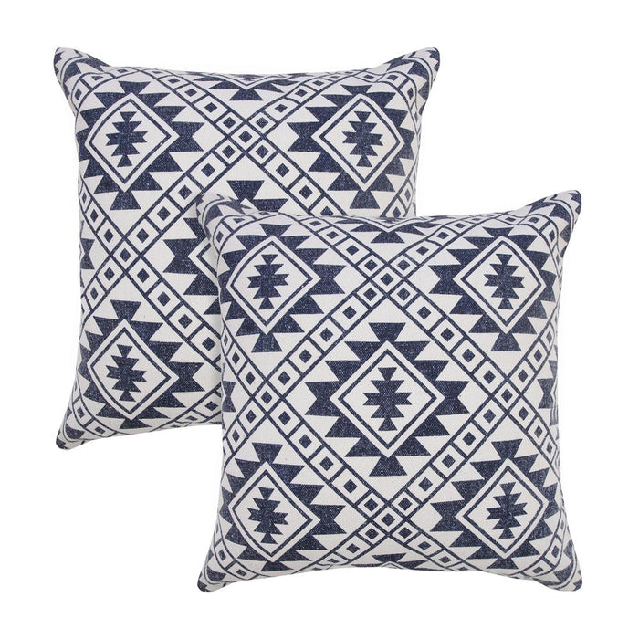 Set of Two 20" Navy Blue And Beige Geometric Cotton Throw Pillows