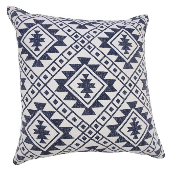 Set of Two 20" Navy Blue And Beige Geometric Cotton Throw Pillows