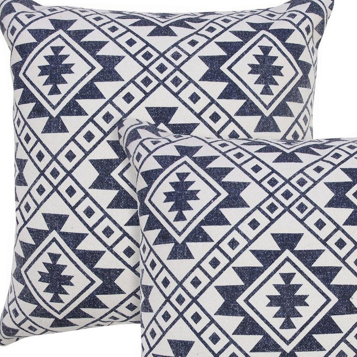 Set of Two 20" Navy Blue And Beige Geometric Cotton Throw Pillows