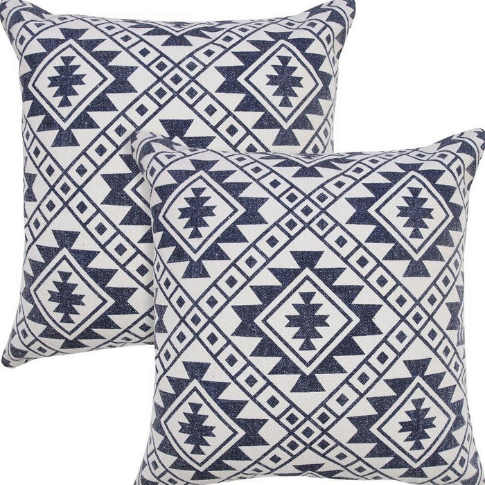 Set of Two 20" Navy Blue And Beige Geometric Cotton Throw Pillows