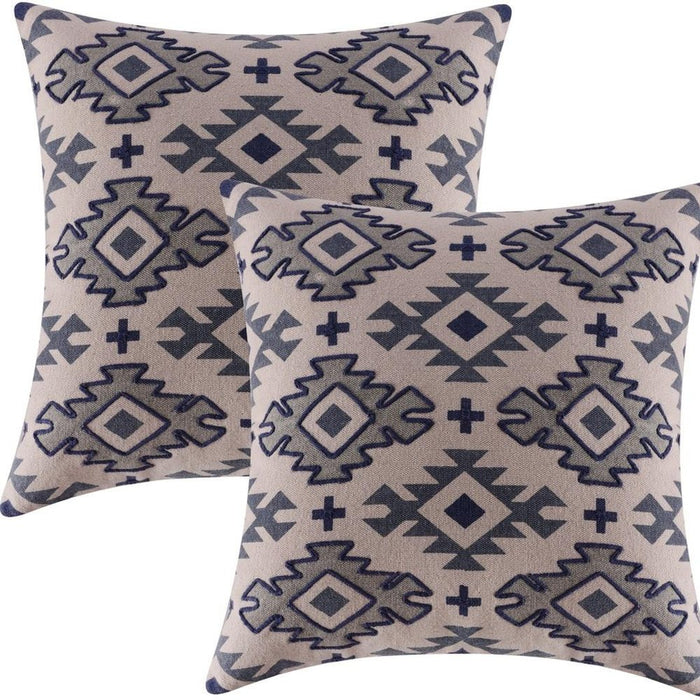 Set of Two 20" Blue And Gray Geometric Cotton Throw Pillows