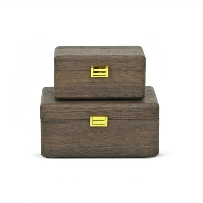 Set of Two Dark Brown Wood Hand Painted Decorative Box