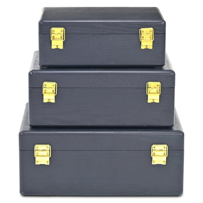 Set of Three Navy Blue Wood Hand Painted Decorative Box