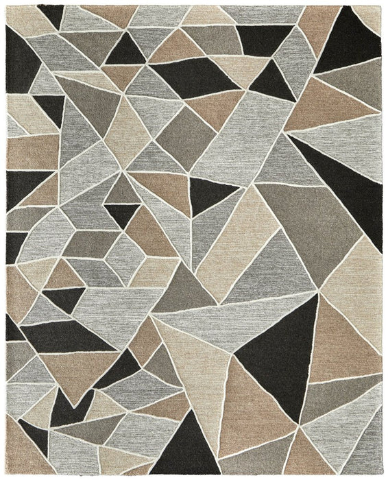 Geometric triangle pattern rug with brown, black, and gray colors