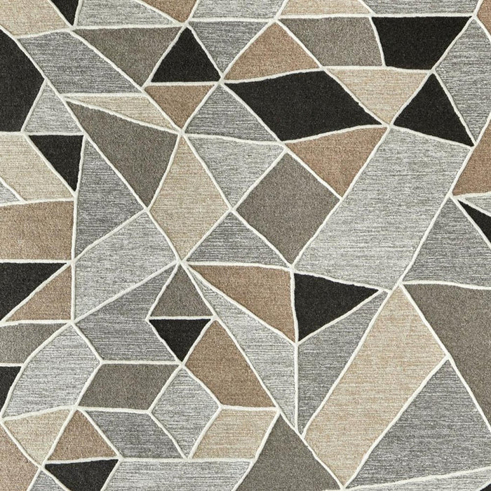 Geometric patterned rug with triangles in various shades of brown, gray, and black.
