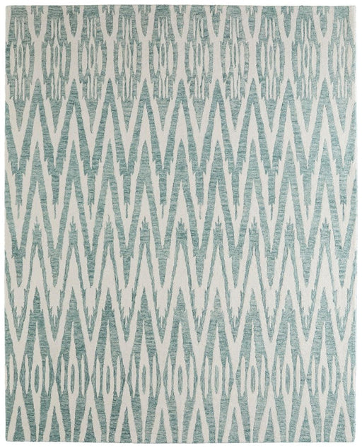 Patterned rug with blue and white zigzag design