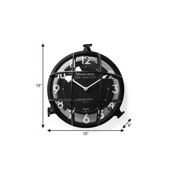Black wall clock with measurements on a white background