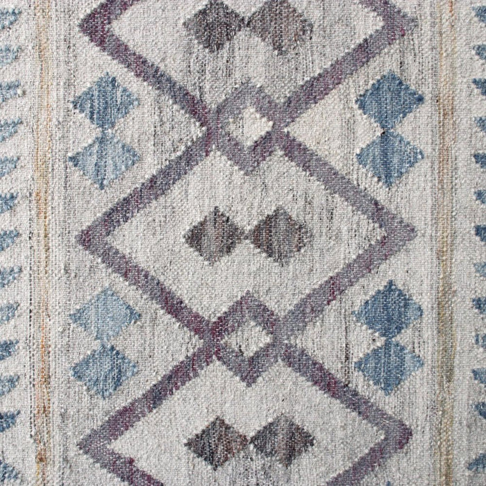 Close-up of a patterned rug with geometric design