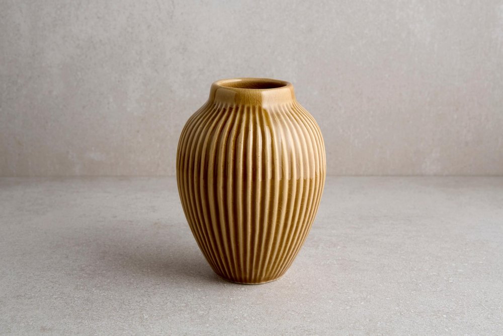 5" Brown Ribbed Ceramic Oval Table Vase