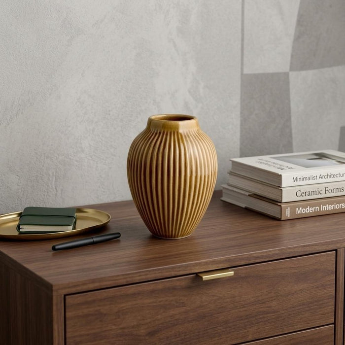 5" Brown Ribbed Ceramic Oval Table Vase