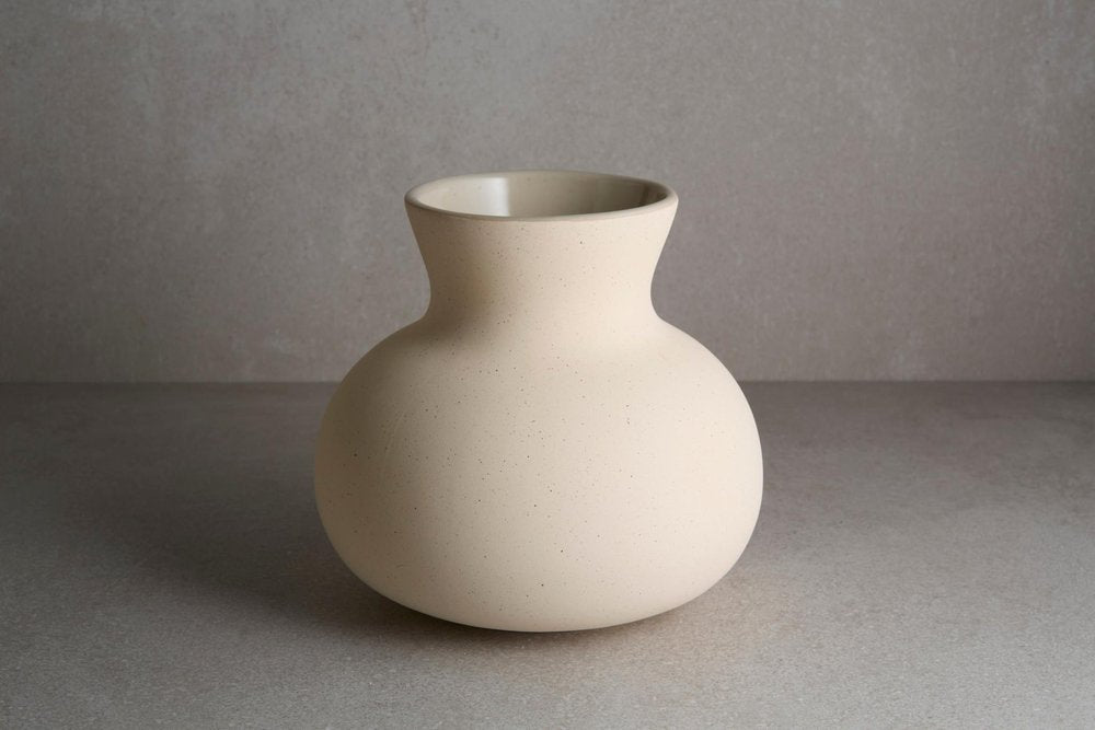 6" Cream Ceramic Round Table Vase With Sculptural Details