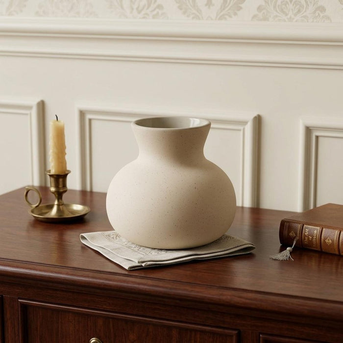 6" Cream Ceramic Round Table Vase With Sculptural Details