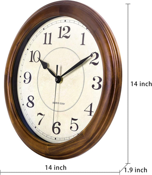 Kesin Wall Clock Wood 14 Inch Silent Wall Clock Large Decorative Battery Operated Non Ticking Analog Retro Clock for Living Room, Kitchen, Bedroom