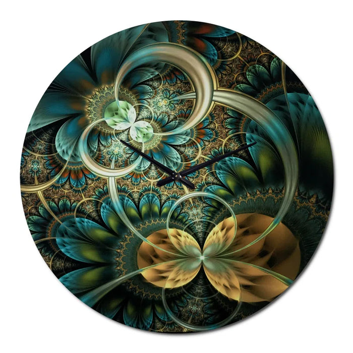 Symmetrical Blue Gold Fractal Flower - Modern Wall Clock