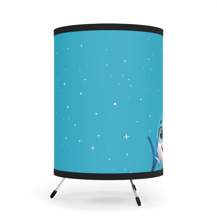 Cartoon Shark Decorative Table Lamp: Blue cylinder with a cartoon shark and white stars on a blue background.