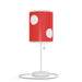 A Decorative Mushroom Table Lamp in red with white polka dots and a pull chain, set on a white background.