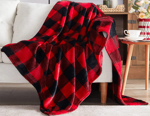 Red & Black Buffalo Plaid Fleece Throw Blanket, 50" x 60" Soft Cozy Checkered Blanket for Couch, Sofa, Bed – Lightweight Farmhouse Christmas Decor