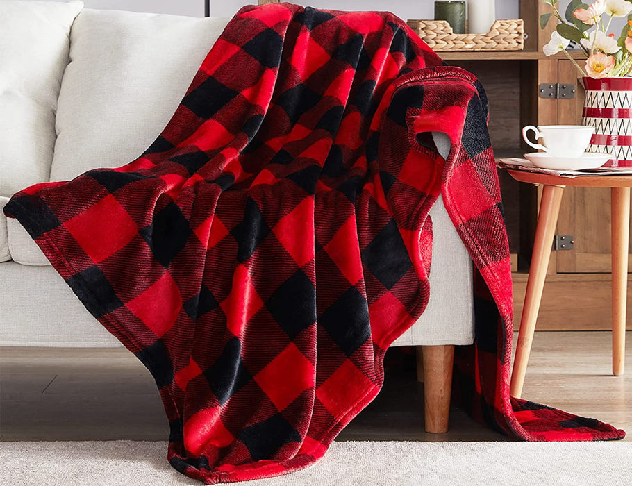 Red & Black Buffalo Plaid Fleece Throw Blanket, 50" x 60" Soft Cozy Checkered Blanket for Couch, Sofa, Bed – Lightweight Farmhouse Christmas Decor