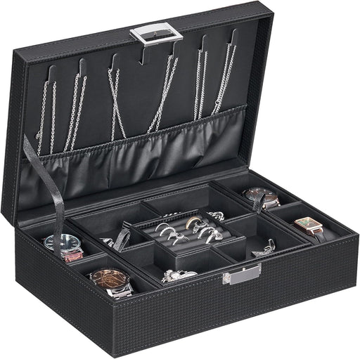 Modern Jewelry Organizer Case with Watch Display & Necklace Storage